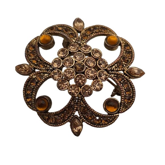 VTG Brooch 2PC Gold Tone Floral Root Beer Antique Style Art Deco WhimsyGoth Pin - Picture 3 of 16